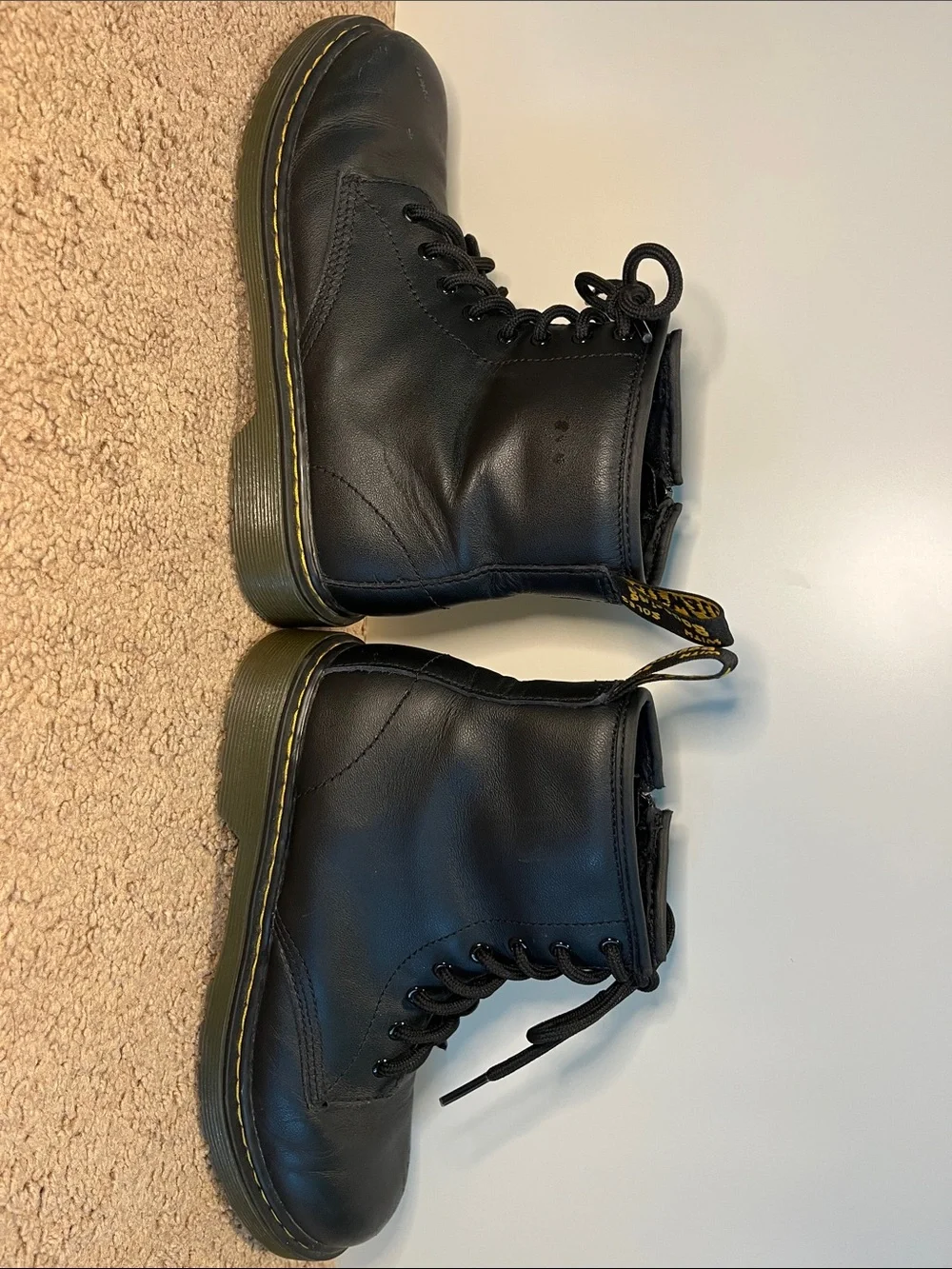 Dr. Martens Black Leather Lace-Up Combat Boots with Yellow Stitching